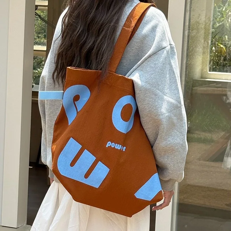 

Women Preppy Sporty Style Colorblock Letter Canvas Tote Bag Lady Large Capacity Shoulder Bag Female Lightweight Commute Handbag