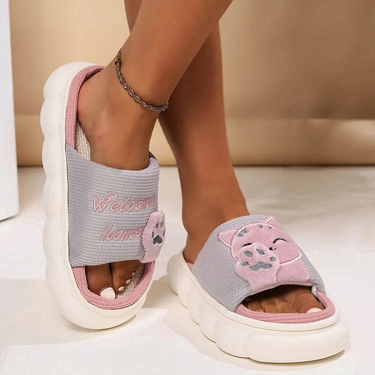 Leinen Casual Hausschuhe Frauen Haus Plattform Niedlichen Cartoon Katze Designer Schuhe Mädchen Flache Mode Elegante Schuhe Indoor Große Größe – Detail 11