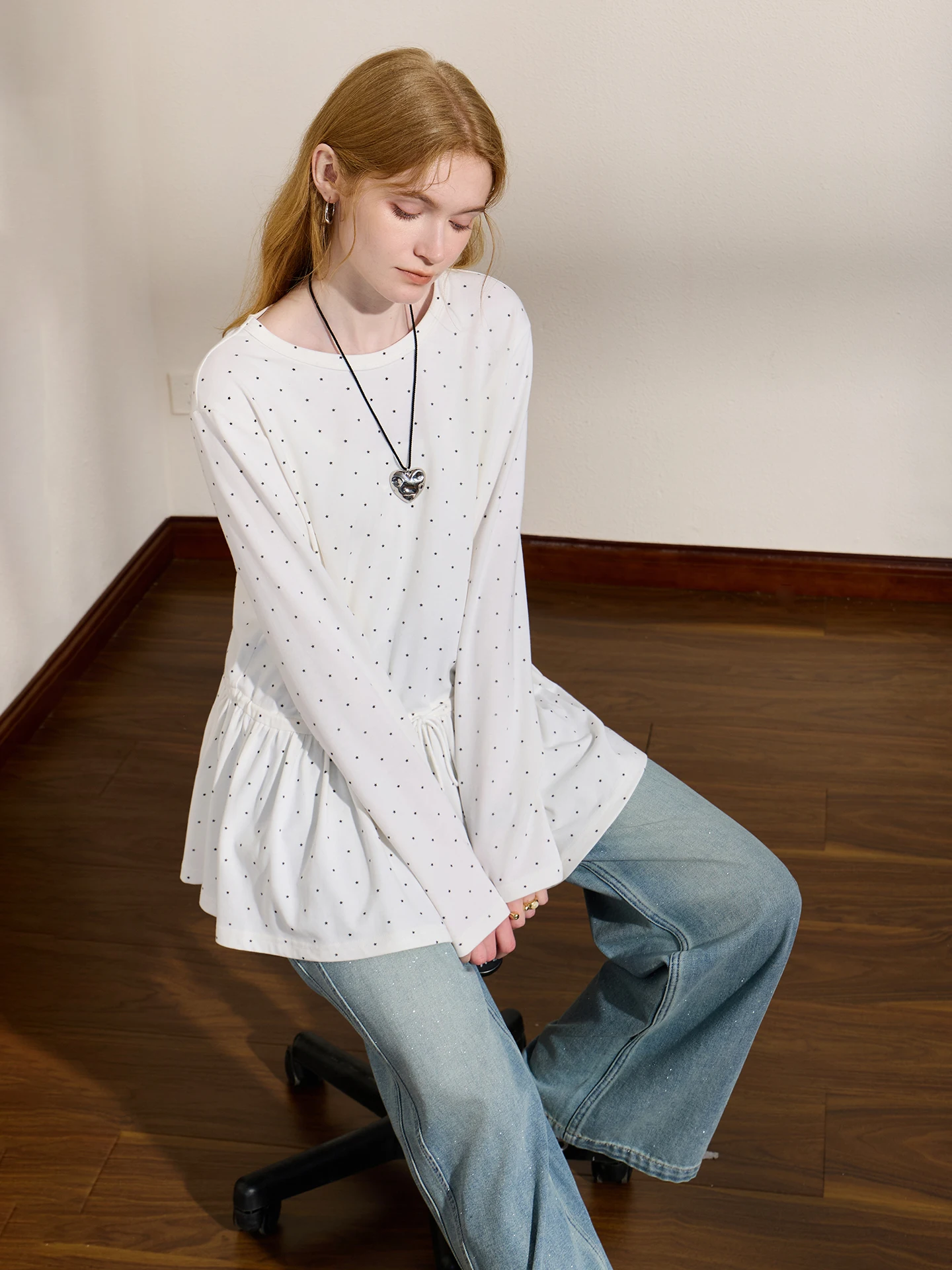 Comfortable Long Sleeve T-Shirt Casual Outfit Gathered Hem Slimming Versatile Sweet Top for Autumn Traveling Polka Dot Knitwear