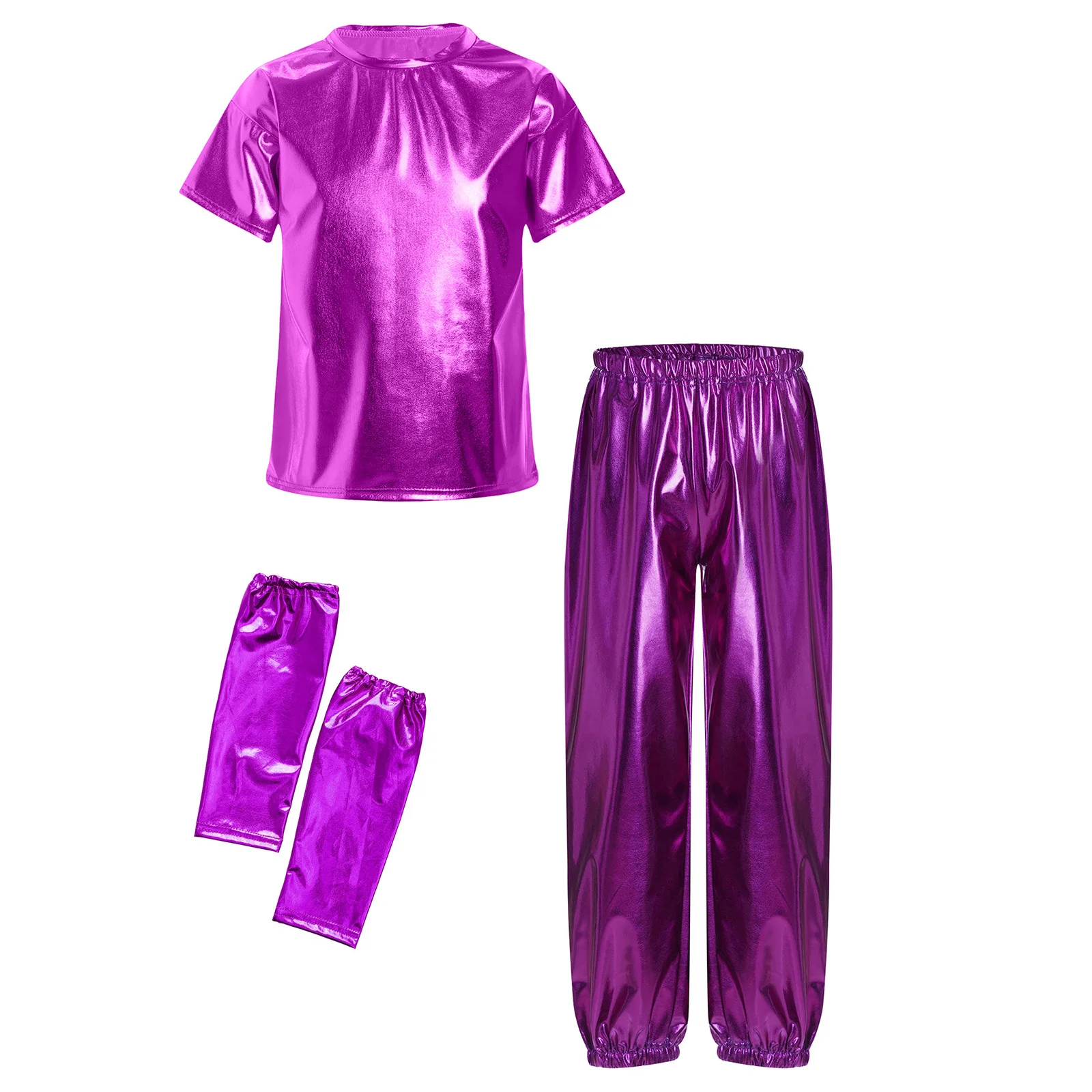 Jungen Mädchen Hip-Hop Jazz Dance Outfits Kostüm Kurzarm Metallic Shiny T-Shirt mit Hosen Handschuhe für Performance Dancewear