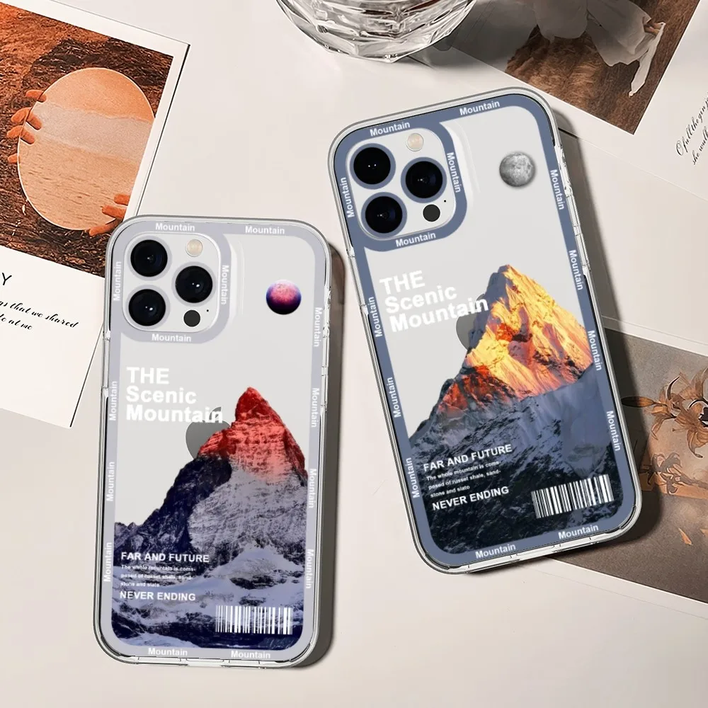 Luxury Fashion Scenic Mountain Phone Case For iPhone 11 12 Mini 13 14 Pro Max Transparent Shell