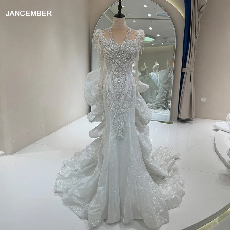 Customized Luxury Pearl Sparkling Princess Wedding Dresses Lace Bridal Dress Tassel Mermaid V-neck Long Sleeve Vestidos De Novia