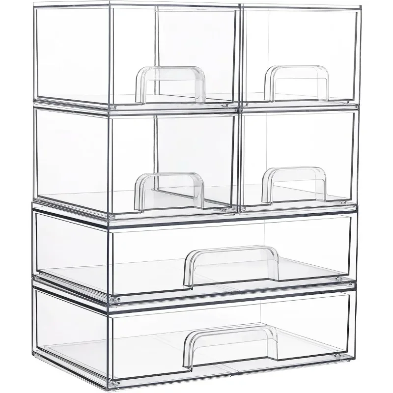 

Stackable Storage Drawers Set of 6, Clear Plastic Organizer Bins for Bathroom Supplies,Ideal for Cabinet,Pantry