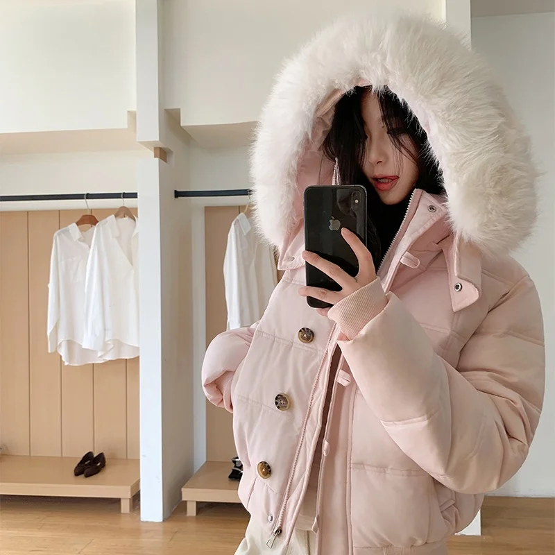 

Winter Thiened Hooded down Cotton Jaet Women's ort Sle Warm Large Fur Collar Versatile Cotton Coat for Commuting