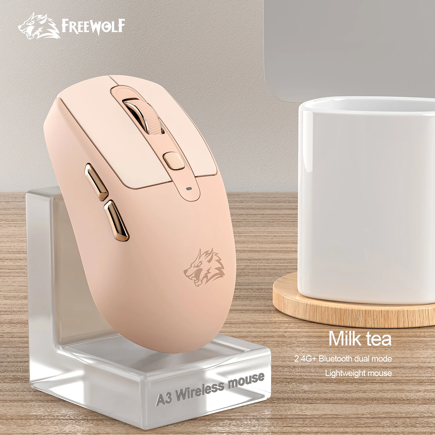 ABS Pink Skin A3 Bluetooth Mouse Silent FREEWOLF Dual Mode Power Linght,5-Speed DPI,PAW3212 Chip Silent Design Wireless Mouse