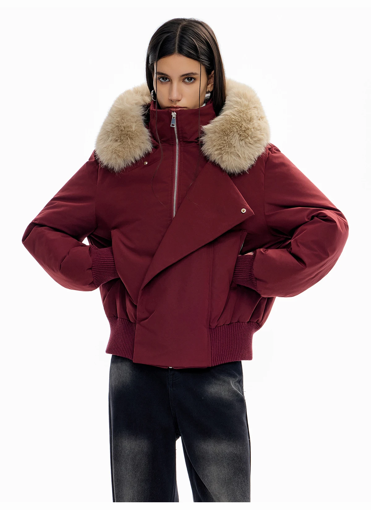 Women 2025 Winter New Sweet Parkas Sexy American Style Retro Cotton Jackets Faux Fur Collar Solid Color Long Sleeve Hooded Coats