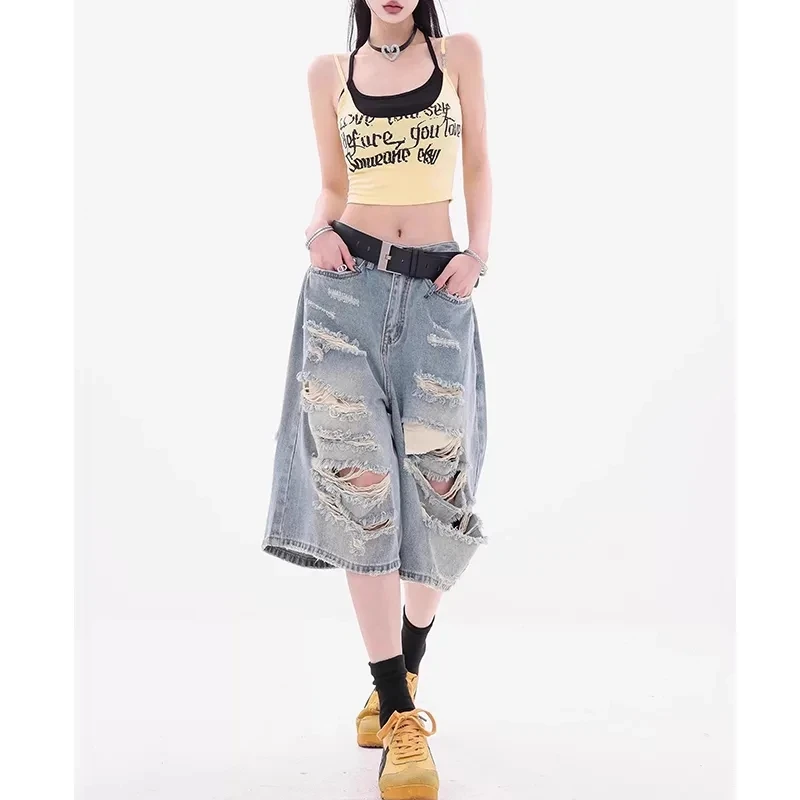Women's Blue Ripped Denim Short Pants Y2K Harajuku High Street 2000S Style Aesthetic Wide Leg Vintage Jeans Five-Point Clothes