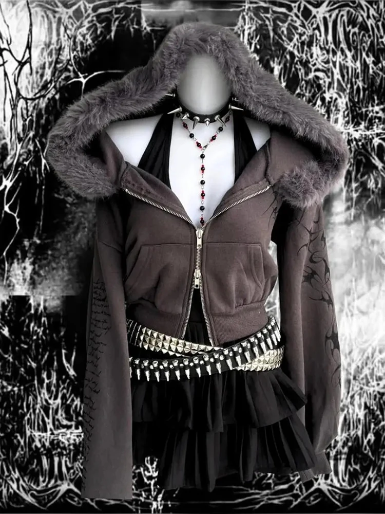 

Y2K Пальто Женская одежда Укороченные топы 2025 Ropa Mujer Меховой воротник с двойной молнией Куртка с тонкой талией Принт Повседневная модная корейская верхняя одежда