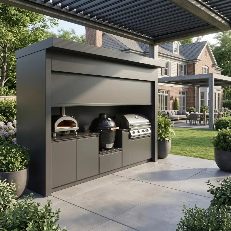 Outdoor kitchen grill waterproof cover for garden shutter doors, stainless steel outdoor kitchen shed, modern design