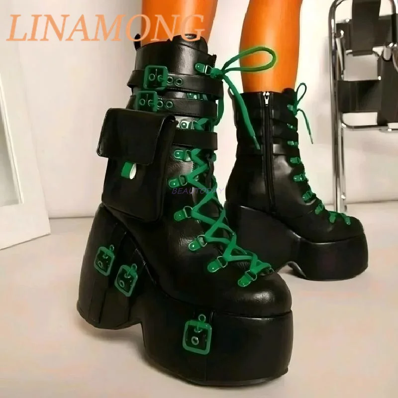 

Thick Heel Cross Lace Up Short Boots Fashionable Coffee Colored Ankle Strap Design Elegant and Thick Sole High Platform Shoes