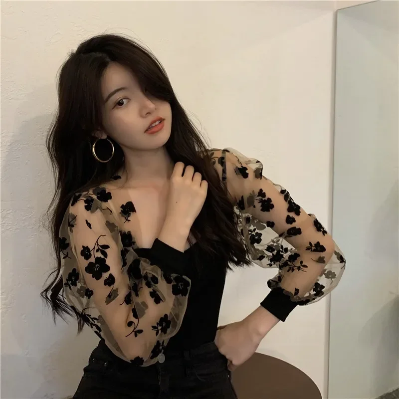 Sweet Blouse Women Square Collar Long Sleeve Patchwork Gauze Shirts 2023 Korean Blouse Tops Sexy See Throught Blusas De Mujer