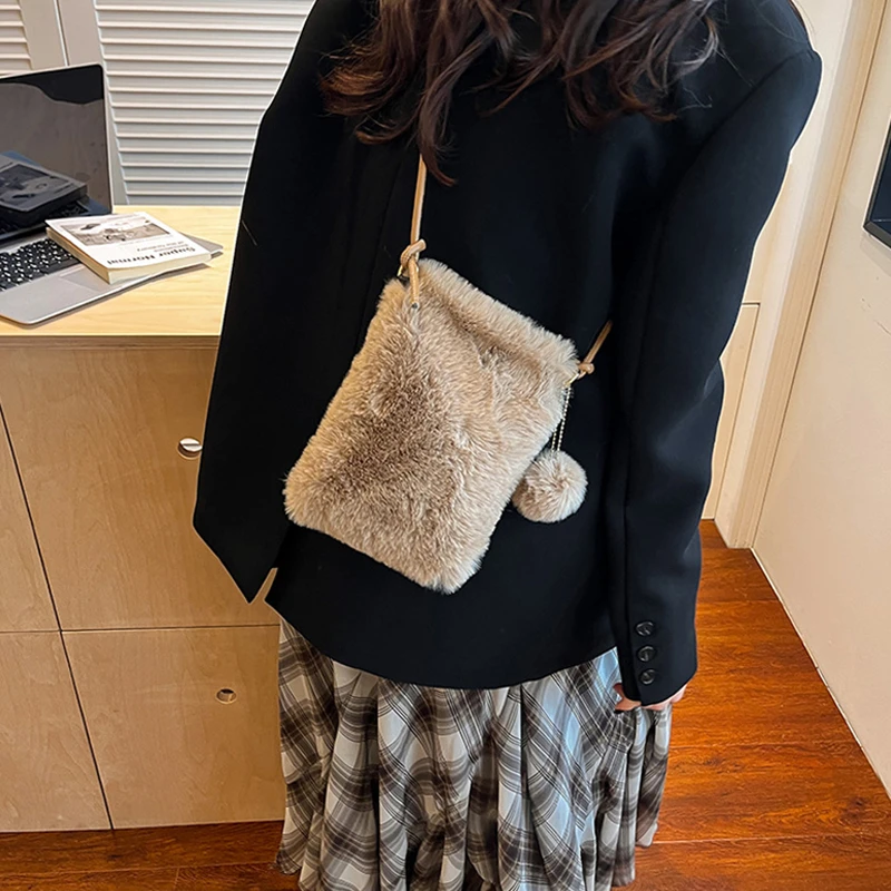 Furry Crossbody Phone Bag Women's Autumn Winter New Style Plush Shoulder Bag Soft Mobile Phone Square Pouch Female