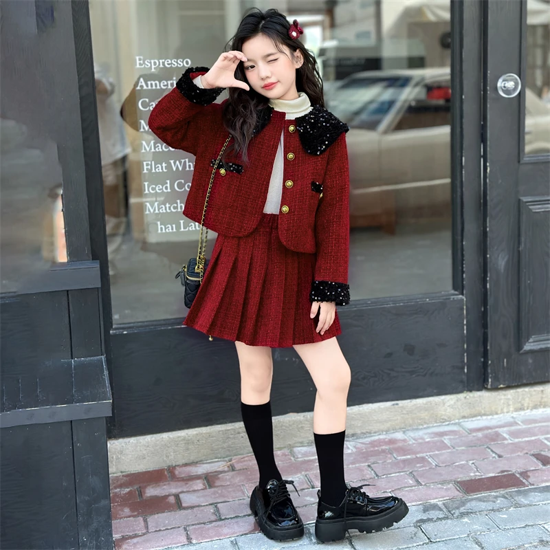 winter ensemble fille red teen girls clothes clothes set Shiny collar jacket+Pleated skirt 2pcs junior kid suit child outfits 14