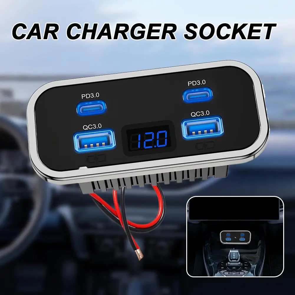 4 Ports Embedded Car Charger Socket, Dual PD3.0 Type C + Dual QC3.0 USB Fast Charging Panel, 12V 24V Touch On/Off Auto Charger