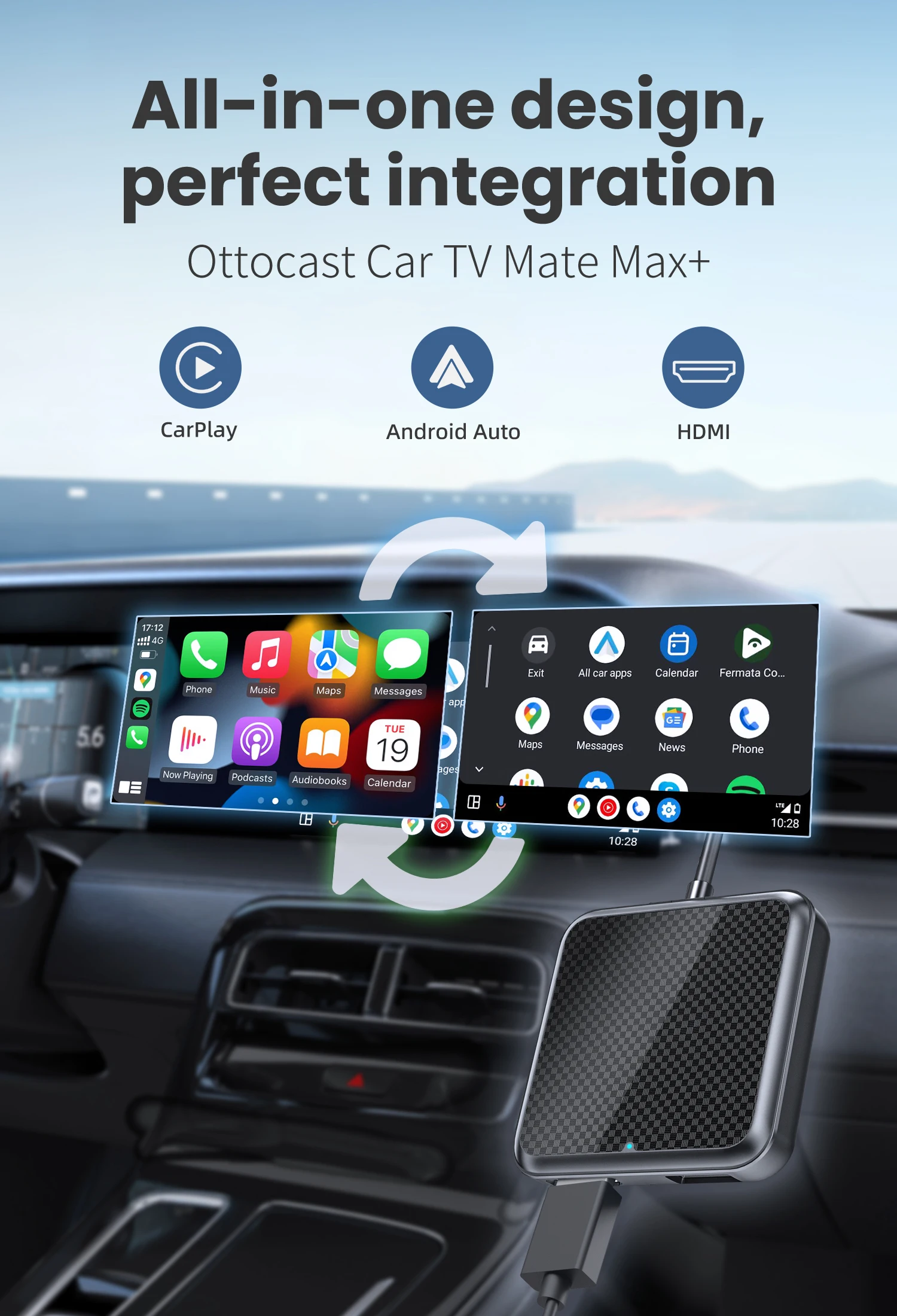 يمكن توصيل مدخل HDMI السلكي للسيارة الأصلية من Ottocast Car TV Mate Pro بصندوق التلفزيون