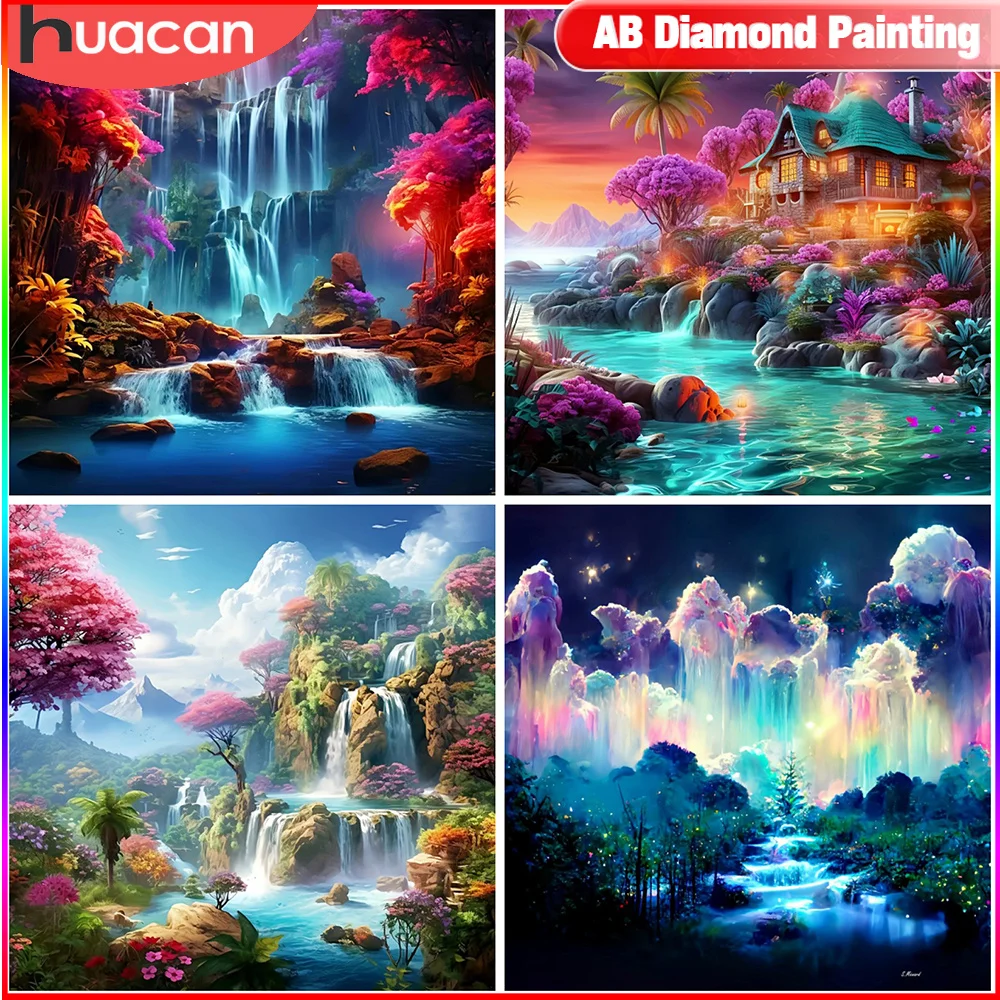 HUACAN Diamond Mosaic Waterfall Full Square Round House Embroidery Picture Rhinestones Landscape Painting Decor For Home