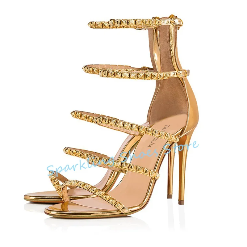 

Luxury Rhinestone Rivet One-Strap Women Sandals Wedding Party Dress High Heel Gladiator Shoes Sexy Narrow Band Stiletto Pumps