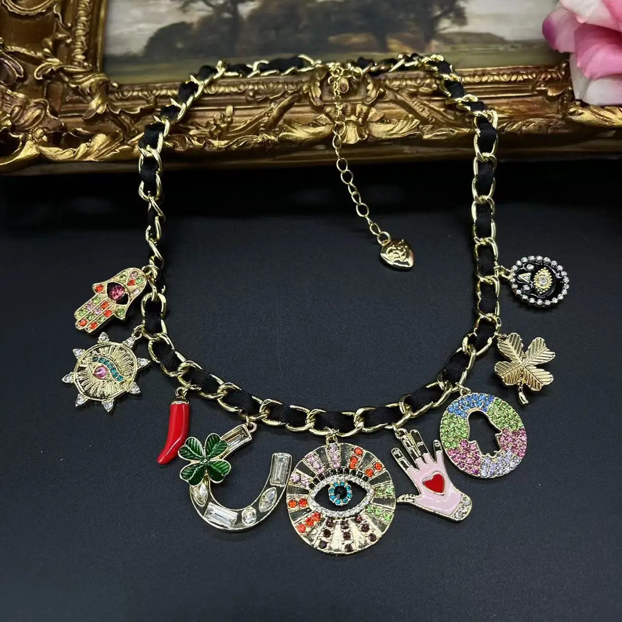 Vintage Enamel Rehinestone Love Evil Eye Palm Flower Pepper Retro Necklace Earrings Jewelry Set For Women