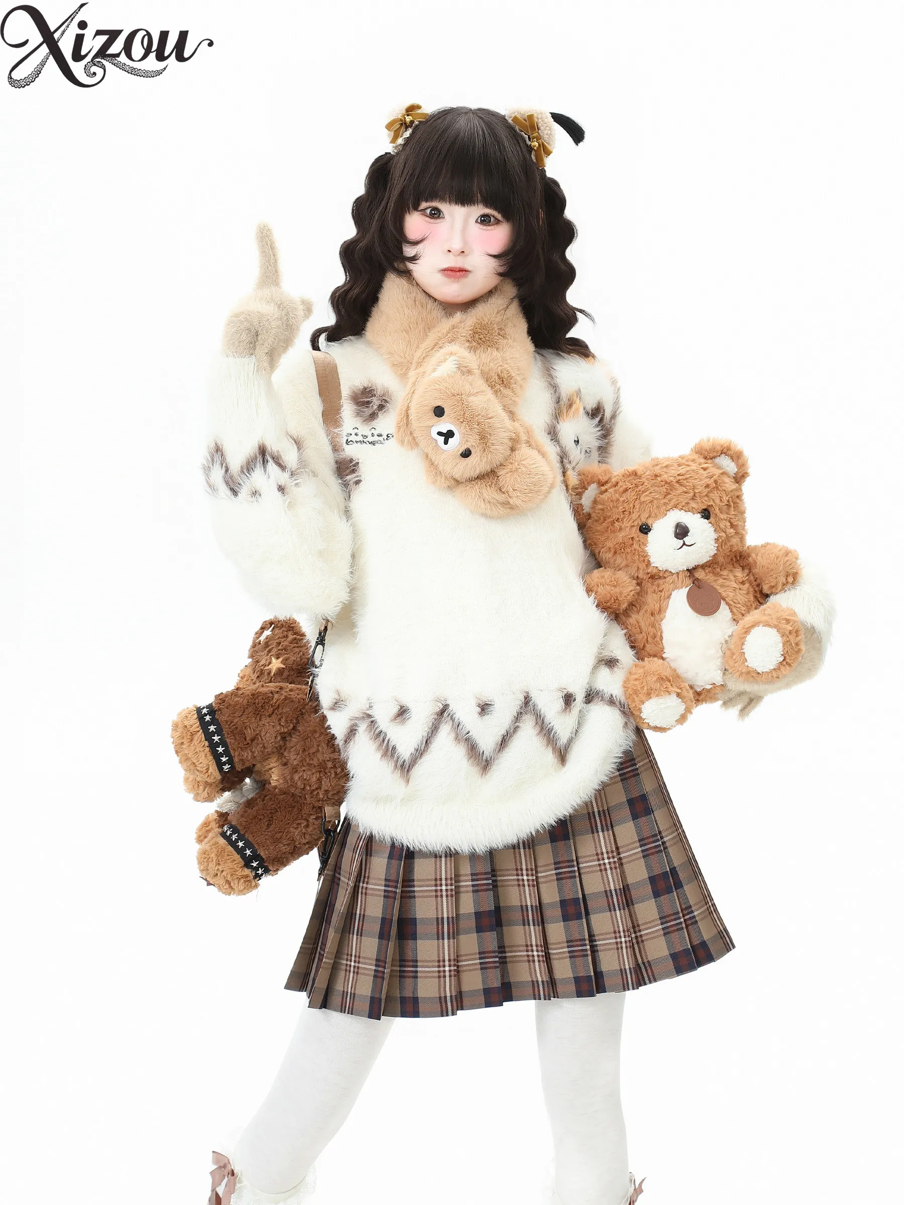 

American Retro Cat Sweater Women Fair Loose Casual Winter Knitted Pullover Korean Mink Velvet Round Neck Long Sleeve 2025