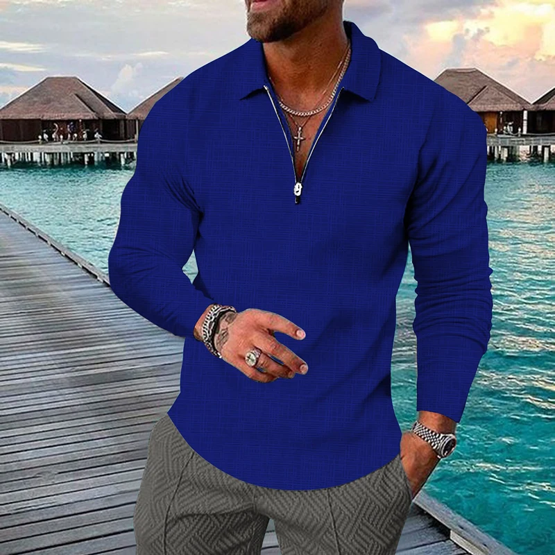 Camisa de manga larga con cremallera para hombre, Polo con estampado 3D de Color, camisa de moda con botones