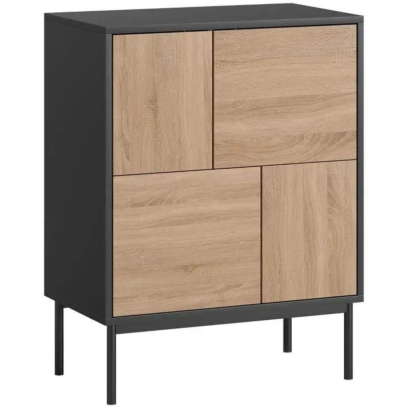 Aparador con puertas de apertura por presión, armario de comedor con patas metálicas, armario de cocina, MDF, negro+lemn natural