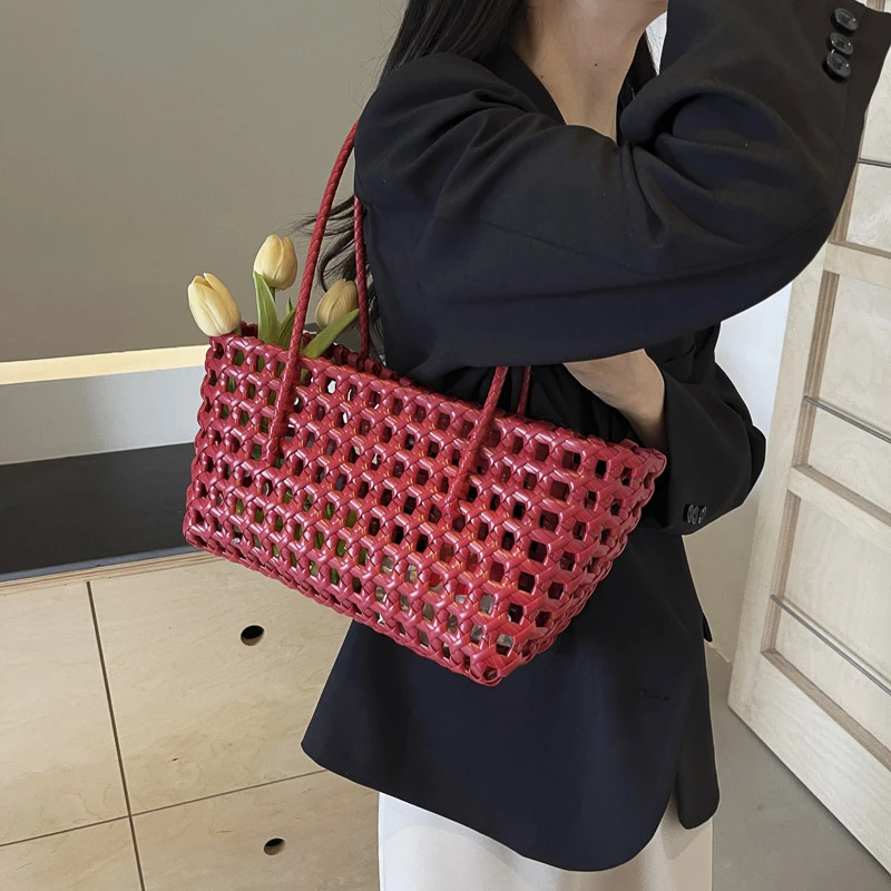 MOODS Underarm Basket Shoulder Bags For Women 2025 Summer Latest Beach Tote Bag Woven Design Plastic Hollow-out Luxury Handbags
