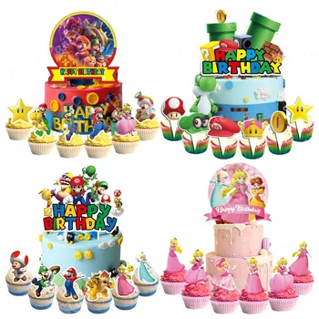 25 unids/set Super Mario adornos para tarta dibujos animados Bros Cupcake Topper para niños decoraciones para tarta de fiesta de cumpleaños suministros de baño para bebé