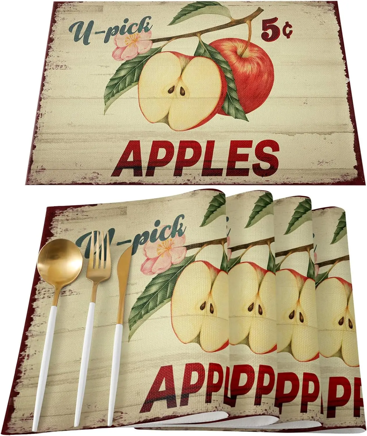 

Place Mats Set of 4 Washable Cloth Placemats Apple on Rustic Wooden Vintage Country Linen Heat Resistant Placemats 18x12 Inch
