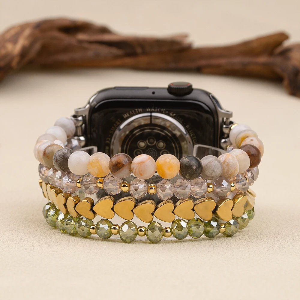 Natural Cherry Blossom Agate SmartWatch Strap Women Exquisite Jewelry Bracelet Accessories Replacement Handmade Beads Watch Band