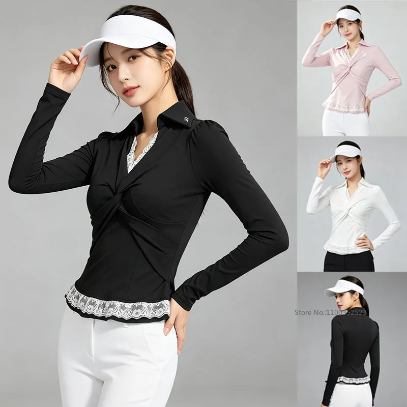 SG 2026 Autumn New Korean Golf Shirts Ruffle Stretch Long Sleeve Polo Shirts V-Neck Lace Elegant Tops Slim Golf Apparel