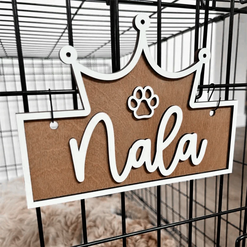 Placa de Madeira Personalizada em Formato de Coroa para Nome de Pet, Placa 3D Personalizada com Pegada de Cachorro para Caixa de Transporte, Etiqueta de Nome para Decoração de Canil, Presente para Dono de Animal de Estimação