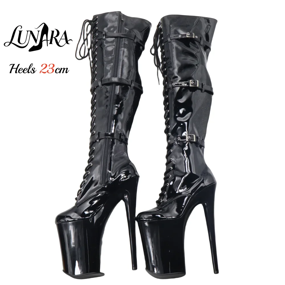 23cm/9 Zoll Extreme Schwarze Lack-Plateau-Overknee-Stiefel mit Schnallen, Schnürung und Reißverschluss für Pole Dance, Rutschfeste Damen-Rave-Stiefel