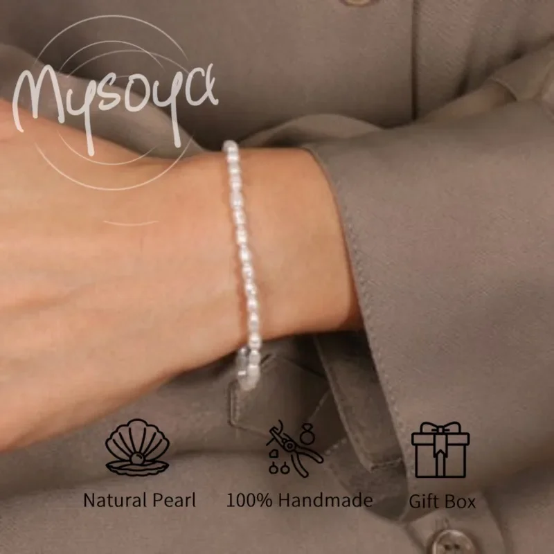 

MYSOYA White Rice-Shaped Freshwater Pearl Bracelet 2-3mm With Gift Box For Him/Her Birthday/Wedding/Christmas/New Year Gift