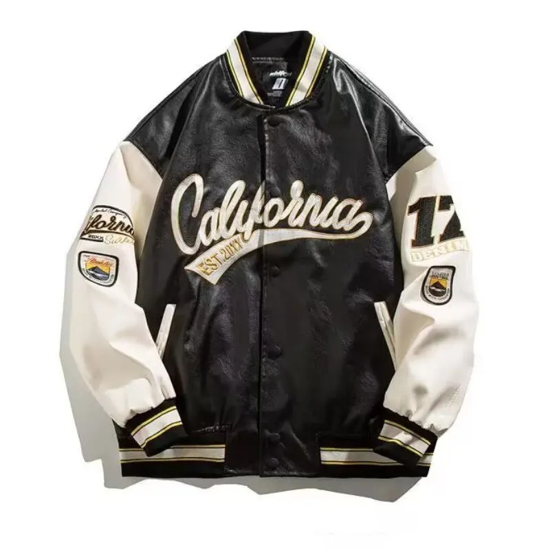 Chaqueta bordada con uniforme de béisbol para hombre, ropa de hip hop de piel sintética