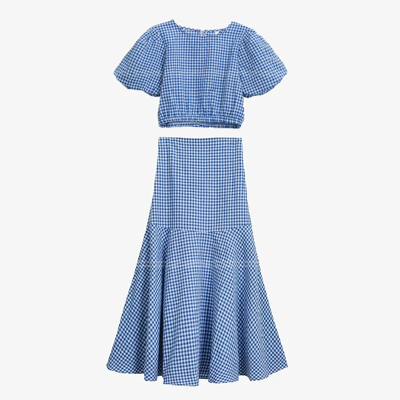 Faionable Plaid Bubble Sve ort irt And A-Line  Skirt Set for Women High Waist Slimming Vintage Summer Outfit