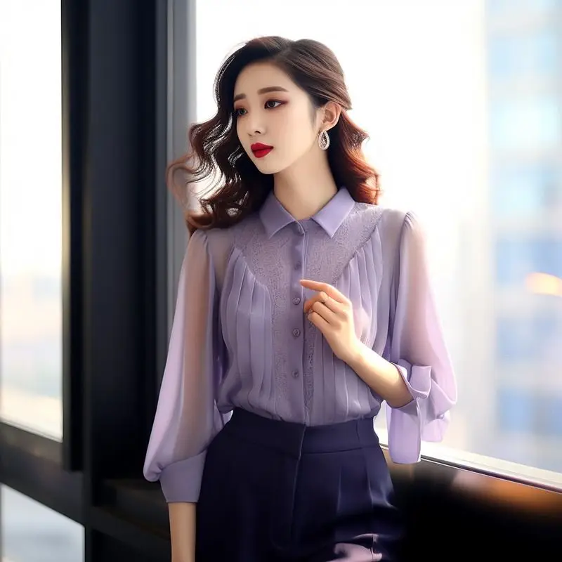 2024 Spring New Temperament Buttons Solid Color Shirts Ladies Fashion Pleated Chiffon Turn-down Collar Long Sleeve Cardigan Tops