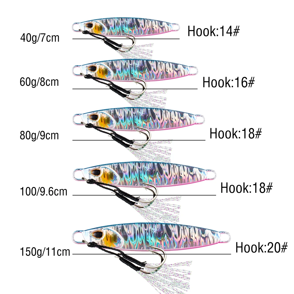 1Pc Leuchtende Metall Jigs Angeln Locken Sinking mit Assist Haken 40g/60g/80g/100g/150g Laser Jigging Casting Köder Künstliche Köder – Detail 6