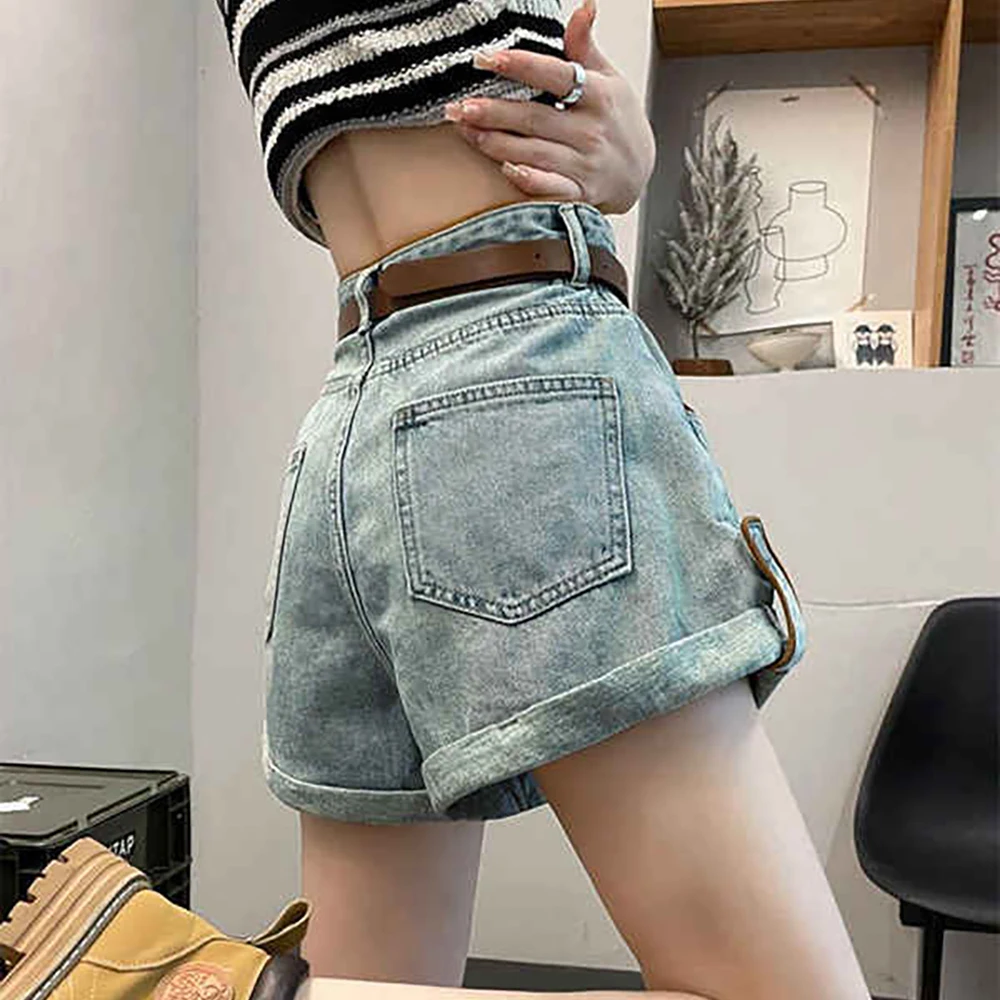 여성을위한 캐주얼 a 라인 데님 반바지 여름 2025 새로운 하이 웨이스트 와이드 레그 핫 바지 캐주얼 루즈 압연 가장자리 청바지 반바지