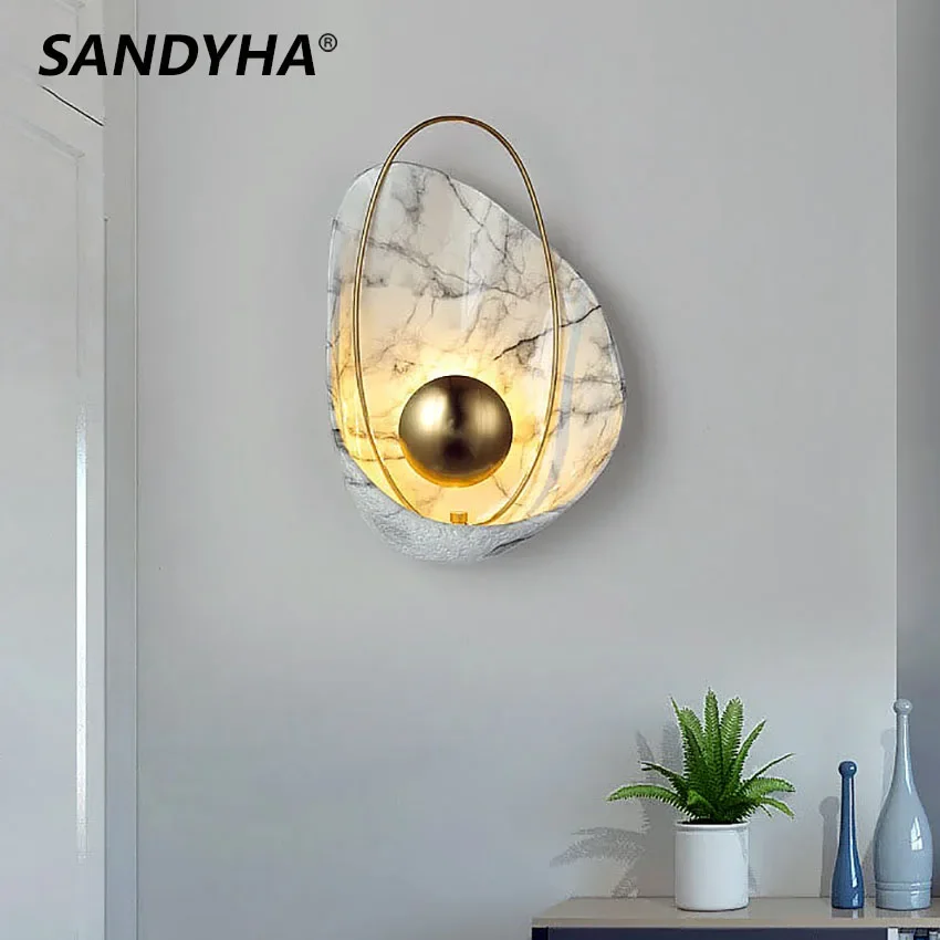 SANDYHA Luxury Wall Light Brass Shells Designer TV Background Lamp For Bedroom Bathroom Dressing Bedside Creative Modern