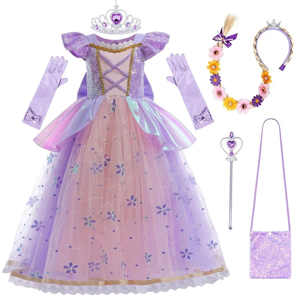 

Girls Rapunzel Princess Cosplay Costume Carnival Party Dress Up Children Sequins Floral Tulle Dress+Braid Birthday Gown 3-6 Yrs