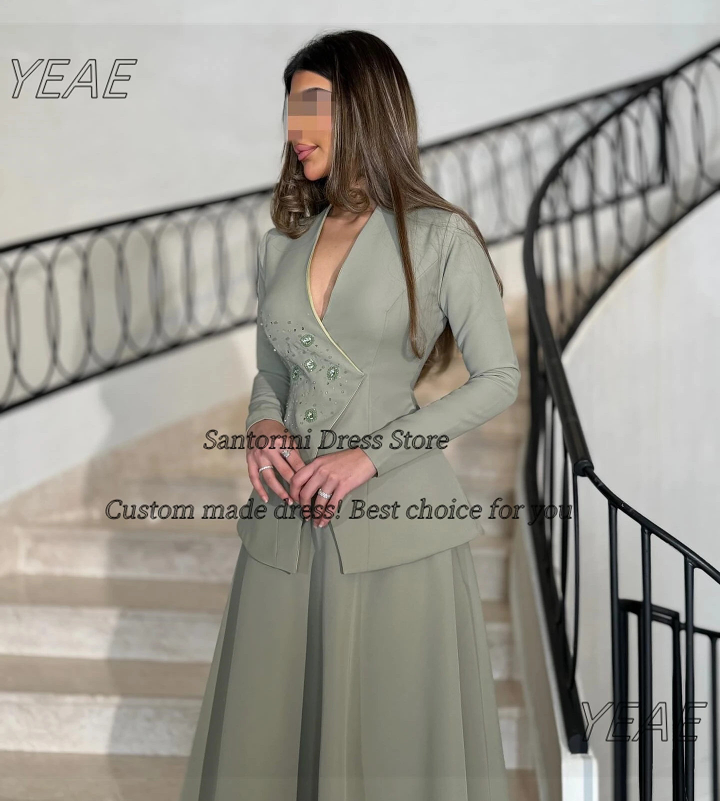 Santorini decote em v vestidos de baile com mangas compridas frisadas vestidos de noite comprimento do tornozelo duas peças vestido de festa personalizado