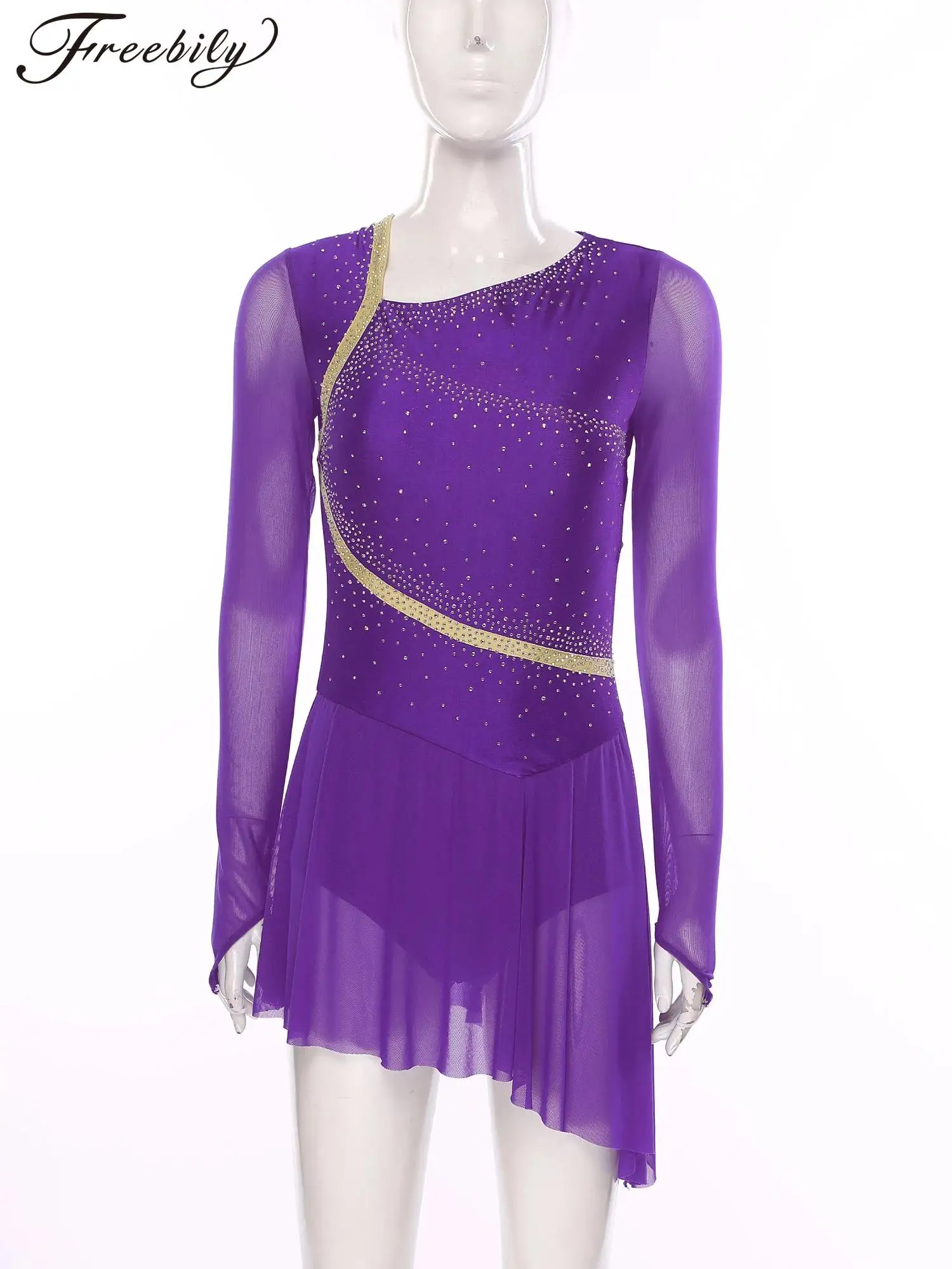 

Женское трико для фигурного катания, современное лирическое танцевальное платье с длинным рукавом и открытой спиной со стразами для гимнастики, акробатики