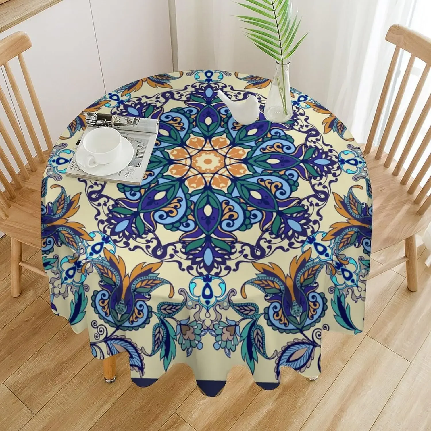 Navy Teal Paisley Flower Circle Tablecloth - Boho Bouquet Botanical Outdoor Picnic Camping Diner Cover