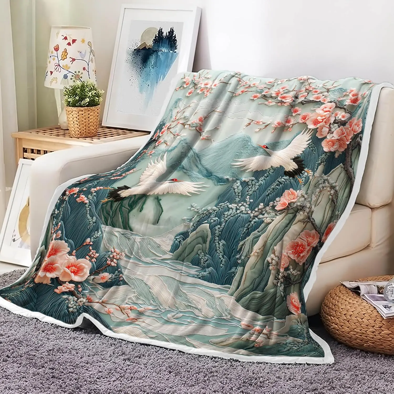 Light Cyan Embroidery Plum Red-Crowned Crane Mountain River Flannel Throw Blanket Soft Warm Cover Sofa Oriental Bedroom Decor