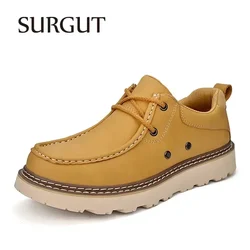 SURGUT Men Retro Casual Leather Flats 2026 New Fashion Handmade High Quality Lace-Up Casual Men Working Shoes Big Size 46
