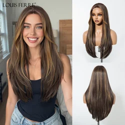 Brown Blonde Highlights Hairline Lace Front Wig Long Straight Women's Synthetic Wig For Daily Party Natural Heat Resistant Hair