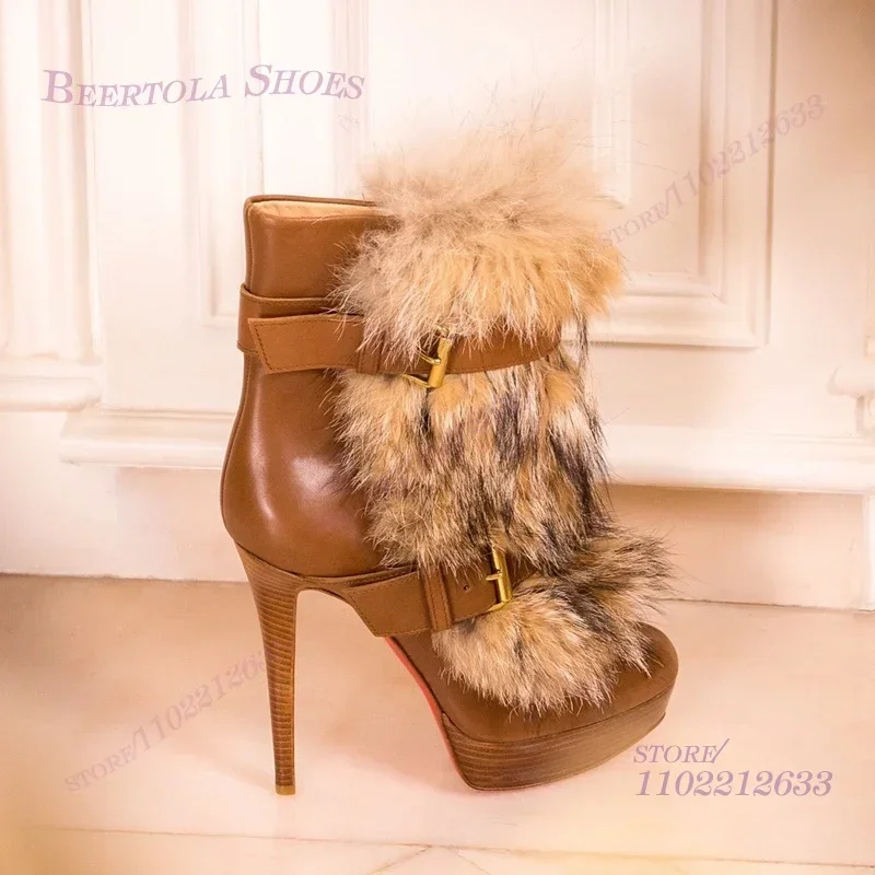 

Stiletto Boots Light Brown Long Soft Fluffy Low Platform Women Black Leather Belt Zip Round Grey Fluffy Ankle Calf Booties Shoes