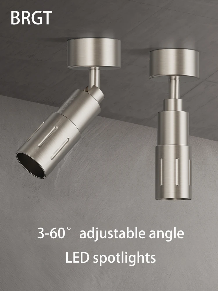 Led Spotlights Surface Mounted  3-60° Zoom Focusing Spot Light Adjustable Angle Stainless Steel Color Industrial Style COB Lamp