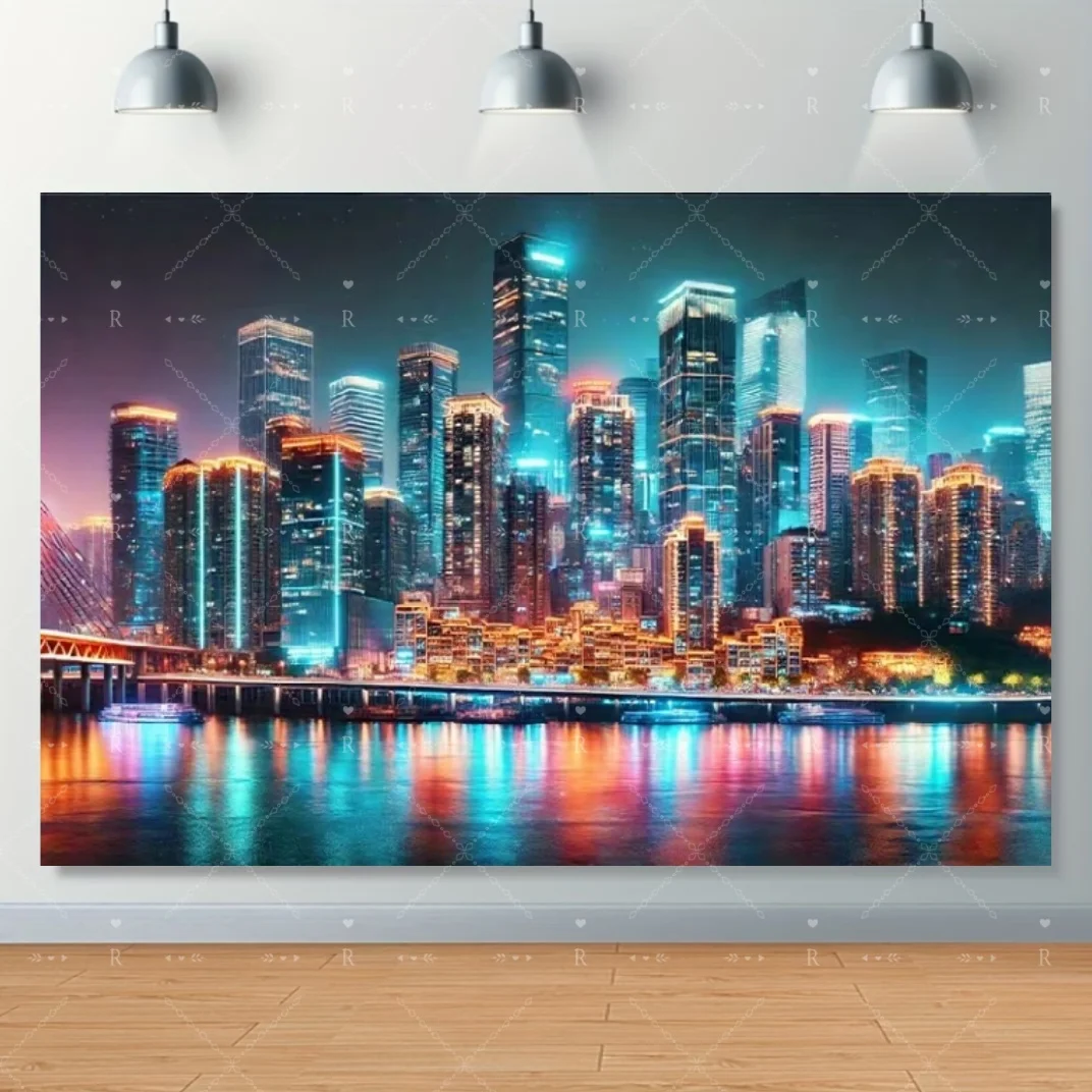 Futuristischer High-Tech-Stadt-Hintergrund Zukunftswelt Lichter Nachtszene Banner Blühende Cyberpunk-Stadt Gemälde Leinwand Poster – Detail 5