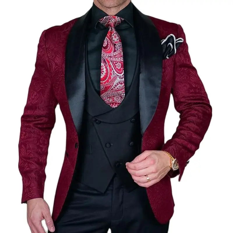 

Lansboter Burgundy Men Suit 3 Pieces Jacquard Wedding Tuxedo For Groom Shawl Lapel Slim Fit Men Suits Male Jacket Vest Pants